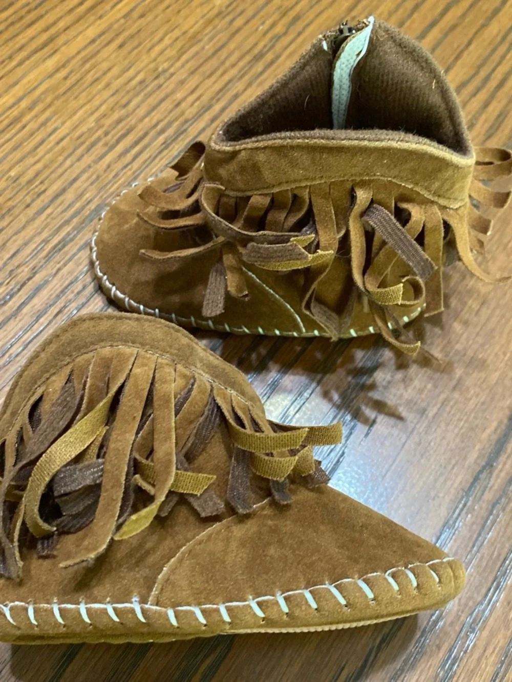 Kids Suede Fringe Moccasins in Brown